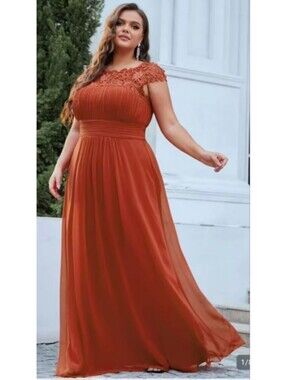 NWT Ever Pretty Plus Rust Orange Lace Panel Ruched Lace Bodice Maxi Dress